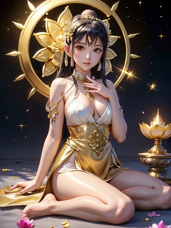 (Buddhist paradise、Gold Dust Show、Silver、Ruri、agate、Several large crystals、Halo、Many Kannon Bodhisattvas)、god々A good appearance、A dazzlingly bright world、Daytime world、Flowers are blooming all over the place、Seated on a lotus pedestal、Official artwork、Crystal clear white dress、barefoot、(masterpiece、highest quality、High resolution、8k)、The composition is excellent、