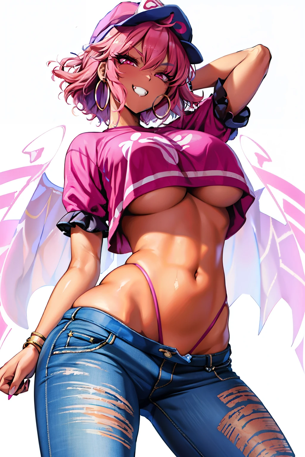 masterpiece,4K,best quality,absurdres, edg90hh, a dark-skinned girl in a crop top and a baseball cap , jeans, large breasts, ass, wearing edg90hh_clothing, saigyouji_yuyuko_touhou, pink hair, pink highlights, cornrows, hoop earrings,, LowriseXL, LowwaistXL, v-shaped eyebrows, pink eyes, evil grin,