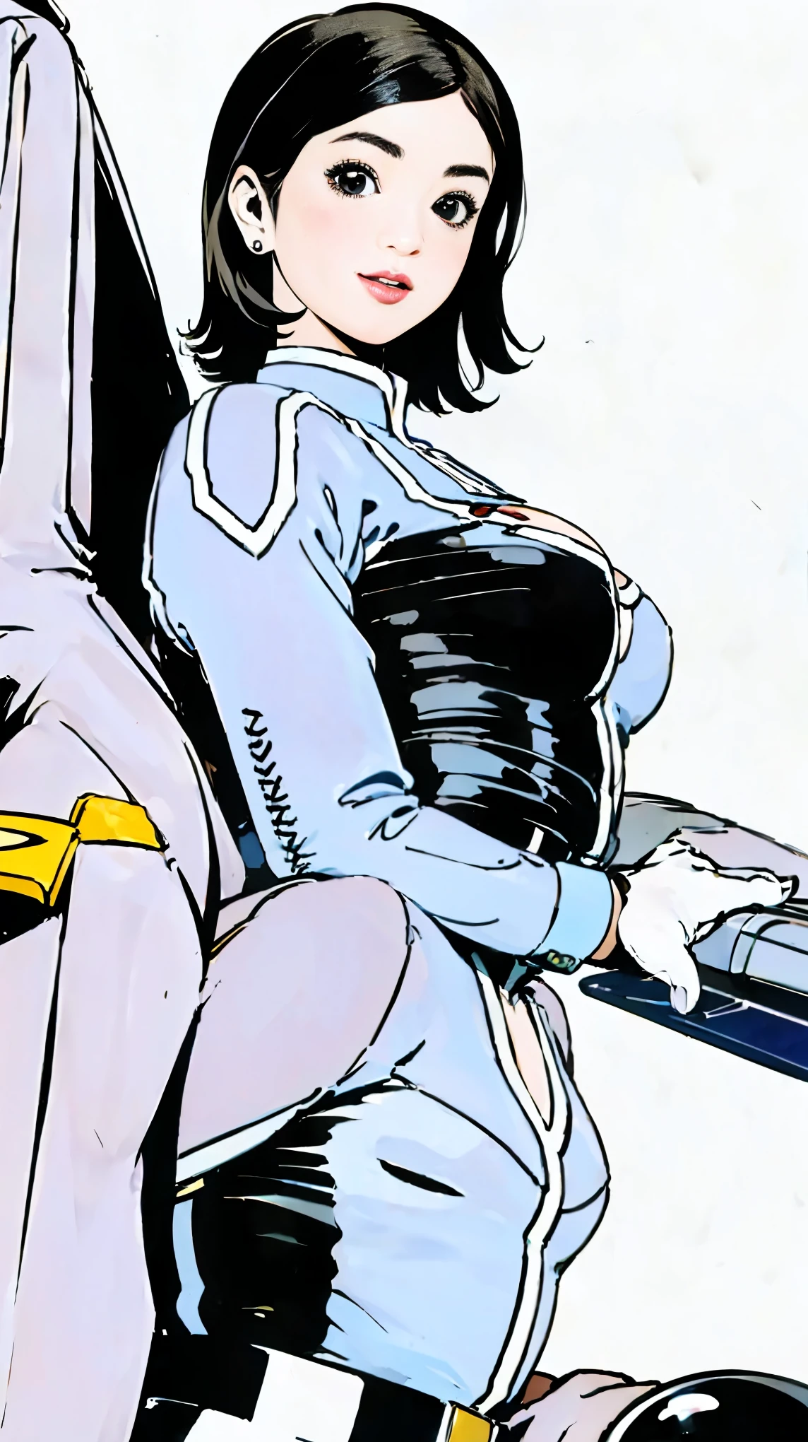 Fighter cockpit、sit、Upper Body、Pilot Suit、Black Hair、Shortcuts、Large Breasts、smile、front