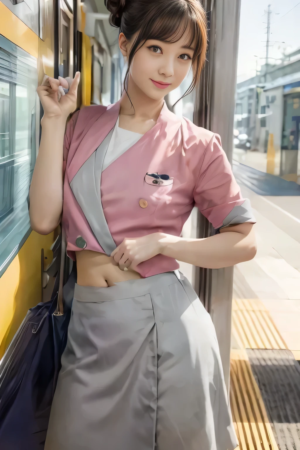 (masterpiece:1.2, highest quality:1.2), 32K HDR, High resolution, (alone、1 girl)、（On the rooftop of a building in the daytime、Professional Lighting）、Building rooftop background、（Nankai train crew uniform pinkを着たリアルスタイル）、（Nankai train crew uniform pink short sleeve pink jacket、Nankai Train Crew Uniform Pink Collarless Short Sleeve Blouse、Nankai Train crew uniform pinkのグレー色のキュロットスカート）、Dark brown hair、（Hair tied up、Hair Bun、Hair Bun）、Dark brown hair、Long Shot、Big Breasts、Thin legs、（（Great hands：2.0）），（（Harmonious body proportions：1.5）），（（Normal limbs：2.0）），（（Normal finger：2.0）），（（Delicate eyes：2.0）），（（Normal eyes：2.0））)、smile、（Nankai Train crew uniform pinkのグレー色のキュロットスカートを見せた美しい立ち姿）、Lift your clothes to show your belly button