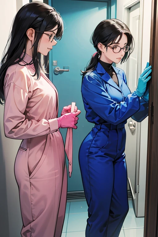 Two mature cleaning ladies with glasses and black hair in blue long sleeve jumpsuits and pink rubber gloves look shocked when they see a penis in a public restroom in a park.