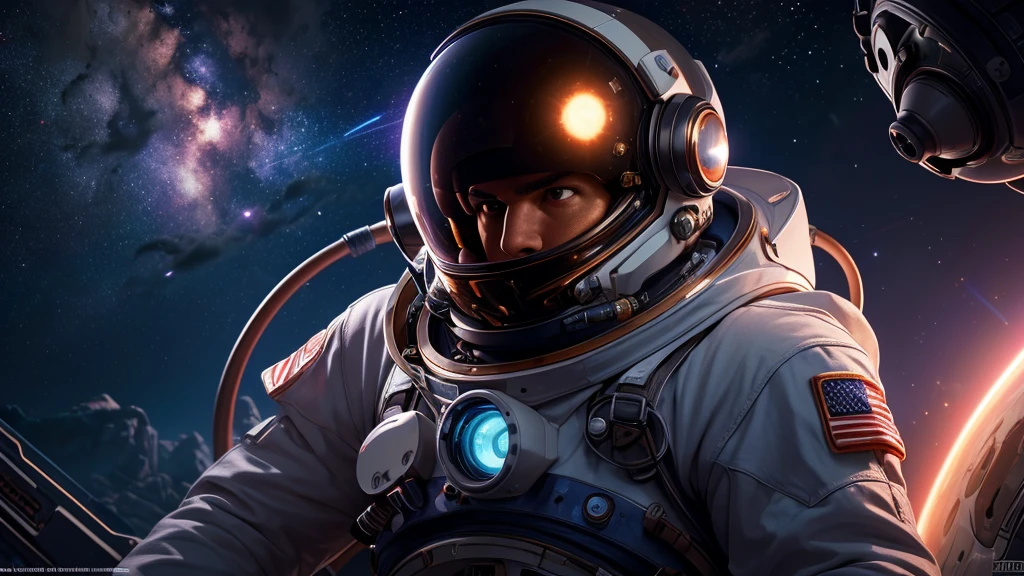 A man in a spacesuit, detailed octopus on the helmet, space background, astronaut, futuristic, sci-fi, hyperrealistic, cinematic lighting, dramatic composition, intricate details, vibrant colors, 8k, high quality