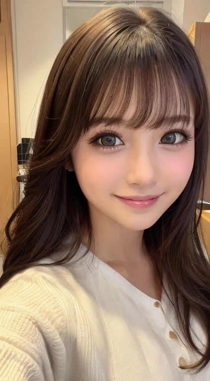 ((Selfie 1.6))((smile1.6))、the front、close - up face、Wavy Hair｟Looking at the camera｠A dark-haired、With bangs、Best Quality, masuter piece, 超A high resolution, (Photorealistic:1.4), Raw photo, high-level image quality, high-detail, ​masterpiece、a 18 year old girl、In the apartment