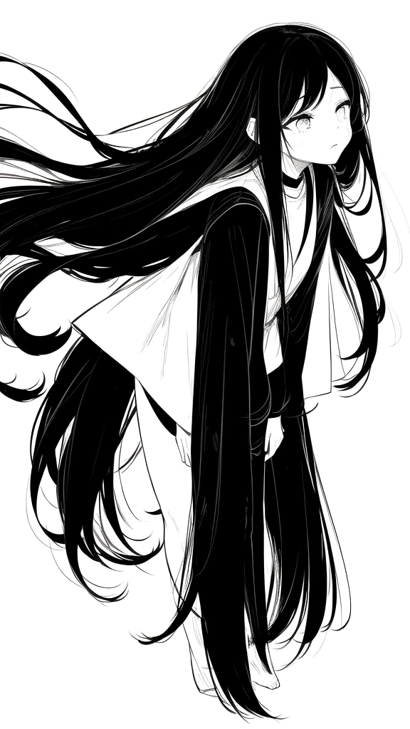 best quality, chibi, 1 girl,Long black hair,(full body), Pure white background,Vivid,clearly,sad face,rain,snow,Are crying,shout,Very long black hair blowing in the wind,Falling over