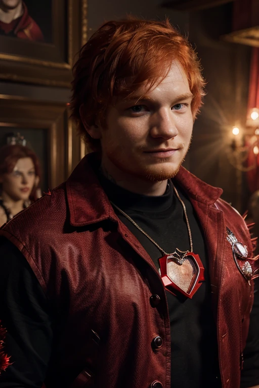 Create a poster of Ed sheeran a beautiful strongman superhero with a red crystal on his chest, strong red-haired superhero with scarlet diamond powers wearing a black shirt and a scarlet red overcoat with large spiky red crystals coming out of his back