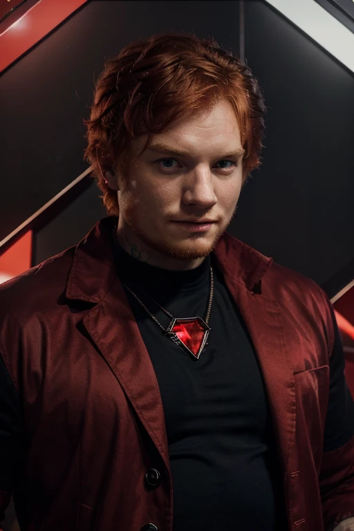 Create a poster of Ed sheeran a beautiful strongman superhero with a red crystal on his chest, strong red-haired superhero with scarlet diamond powers wearing a black shirt and a scarlet red overcoat with large spiky red crystals coming out of his back