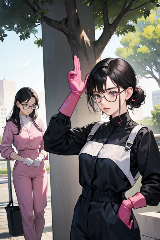 Two mature cleaning ladies with glasses and black hair in blue long sleeve jumpsuits and pink rubber gloves look shocked when they see a penis in a public restroom in a park.