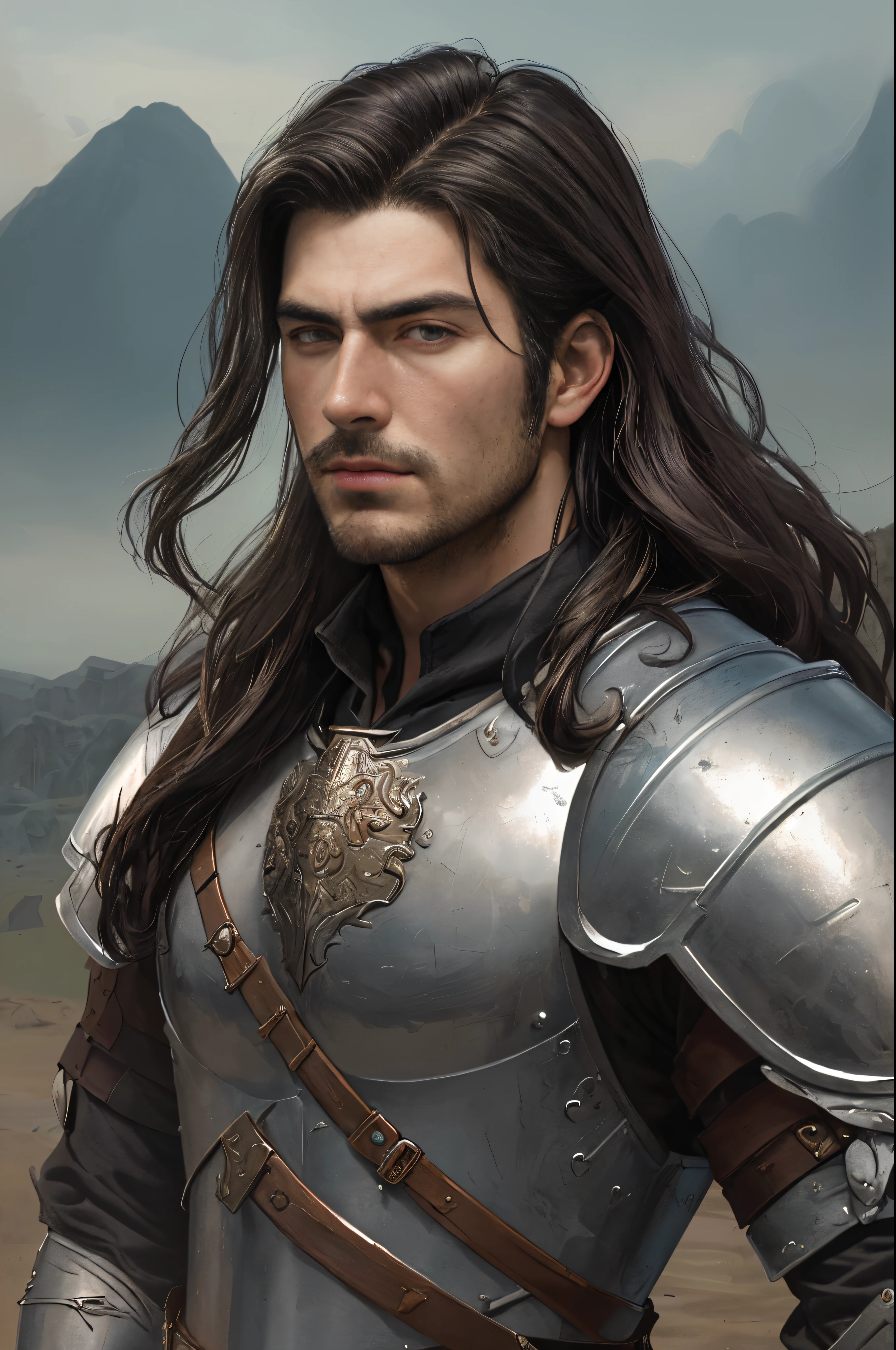 oil portrait of a handsome man, dark hair, strong-willed face, handsome face, warrior in armour