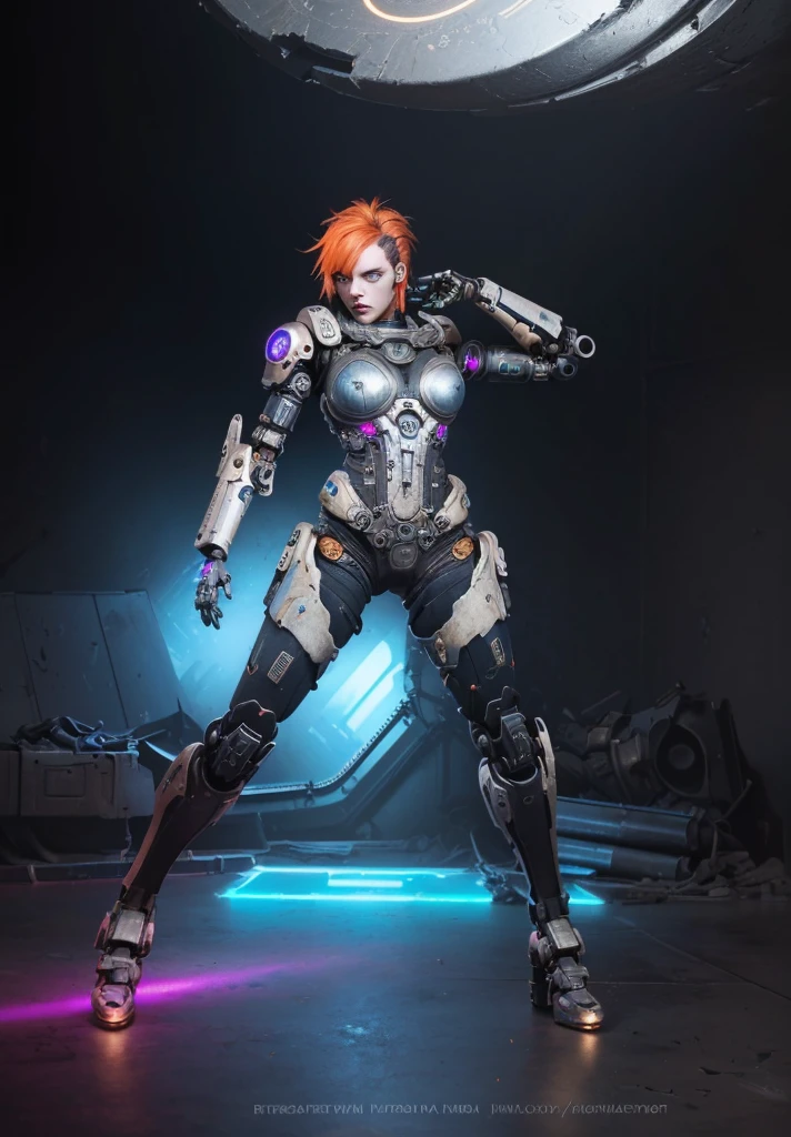 A highly detailed and realistic skull girl,( Anya. Taylor Joy) cyberpunk character, mad max furiosa, one hand robot, cyborg arm, orange hair, dramatic metal heavy rock theme, best quality, 8k, hyperrealistic, photorealistic, extreme detailed painting, studio lighting, vivid colors, dark moody atmosphere, cinematic, dramatic pose, intricate mechanical details, glowing energy effects, intense gritty textures, seamless integration of organic and inorganic elements. Wearing the used clothes of a wastelander. Background: An apocalyptic wasteland. Dusty and depressing., sexy pose, walking