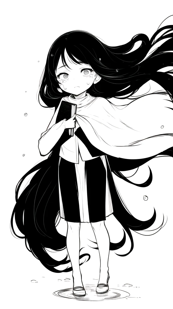 best quality, chibi, 1 girl,Long black hair,(full body), Pure white background,Vivid,clearly,sad face,rain,snow,Are crying,shout,Very long black hair blowing in the wind,Falling over,holding a book in hand