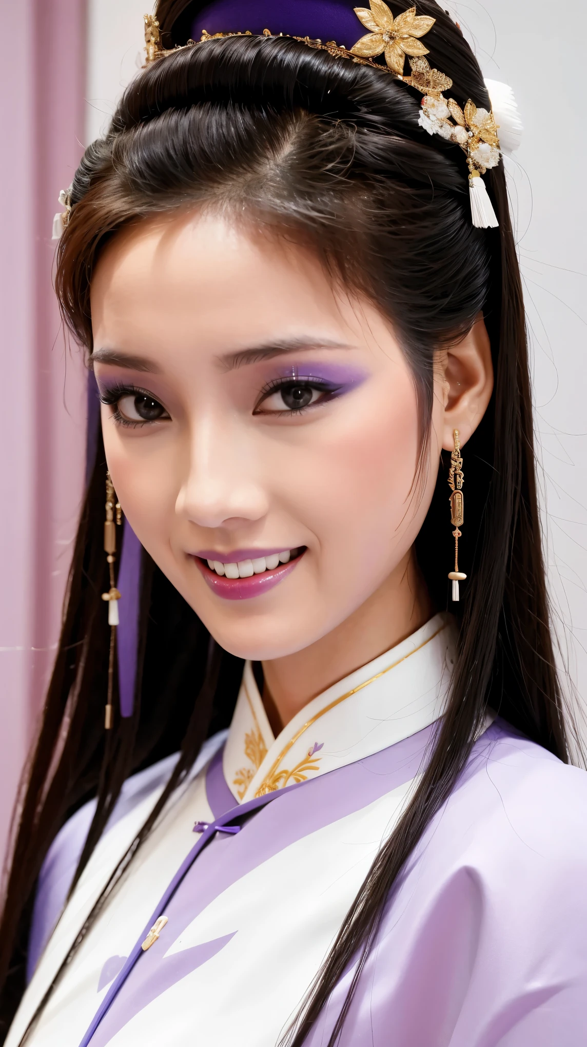 Fashion model 25 years old [[[[close up]]]], [[[[neck]]]], [[[[Shoulder]]]], Perfect eyes, Perfect iris，Perfect lips，Perfect Teeth，Perfect skin，White skin，Soft headlight，High-density imaging review，（Face is clear and delicate），((Light purple Chinese costume))，((Smile))，((Background is Chinese interior))，best quality，masterpiece，（Soft colors：1.2）