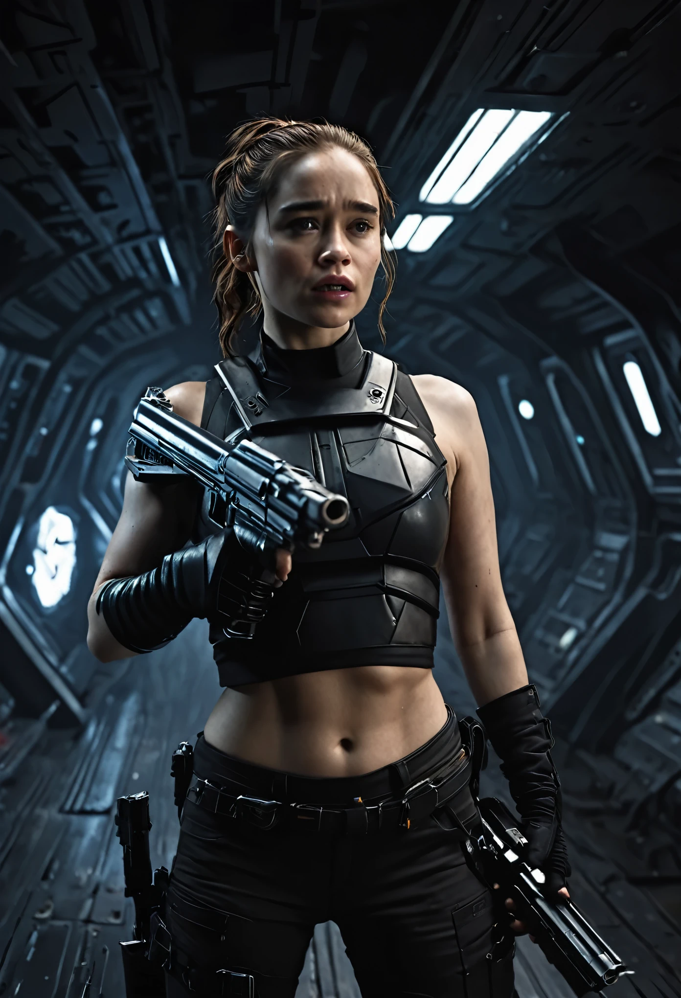 photorealistic photo of a Hot cleverage open torso or chest ponytail scared terrified Sci fi Emilia Clarke holding a sci fi pistol on Dark ishimura haunted abandoned Horror Space Ship photography, photorealism, cinematic rendering, ray tracing, the highest quality, the highest detail, Cinematic, Third-Person View, Blur Effect, Long Exposure, 8K, Ultra-HD, Natural Lighting, Spooky Red mist Moody Lighting, Cinematic Lighting