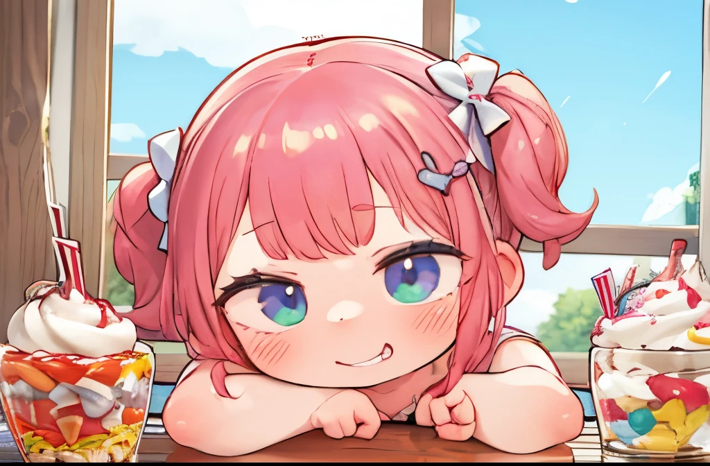 chibi, best quality, masterpiece, many girls, one mean girl who hogs all the sweets, grinning, I can't hate her, cute