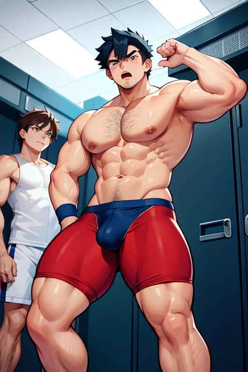 A grownup Ash Ketchum and from Pokémon and his long-lost twin brother flexing their biceps under hypnosis with glowing red eyes as they grow into big dumb sweaty muscular football jock bros wearing a football uniform and cleats in a locker room. Hyper muscles. Massive muscles. Big biceps. Big triceps. Big traps. Broad shoulders. Big pecs. Bulging crotch. Hyper crotch bulge. Dumber and dumber. Blank stare with open mouth while saying, "I am a dumb jock.... I obey.... Dumber and dumber.... Yes, Coach.... Huhuhuhuh...." Slumped shoulders. Hypnosis. Brainwashing. Bigger and dumber jock bro. Assimilation. Transformation into big dumb muscular jock bro. Slumped shoulders. Massive crotch bulge. Bulging glutes. Thick stubble. Hairy armpits. Repeating triggers to be dumber and dumber each time they say them to think and focus only on growing muscle and being the perfect football jocks.