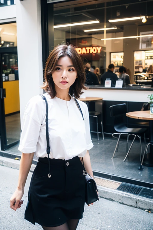 1 chica, ojos brillantes, Rubor, perfect lighting, Brown hair, ojos color nuez, motor irreal, side lighting, cara detallada, linda, Piel brillante, background of standing outside a coffee shop, fondo cafeteria con una planta, falda plisada,color de falda negro oscuro ,botas largas color negro,top blanco,chaqueta color negro, Edad 17,sexy,hermosa