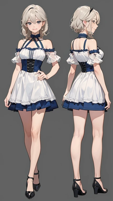 ((masterpiece)),(((highest quality))),((Character design sheet)), ((Full body image)) figure,((Detailed face:1.4)) rough sketch, ,A seductive smile,Plain background, Clean background,8K,最高masterpiece,One woman,Dutch beauty,Ella Freya(Ella Freya),skirt lift,White panties,Smile,30 years old,Blue Eyes,White Hair,Short Bob Hair,(Gothic Lolita),Dutch beauty,Ella Freya(Ella Freya),(White panties),2b, short hair,Slender figure, Cleavage, Small breasts, Gray Hair, Black hair band,