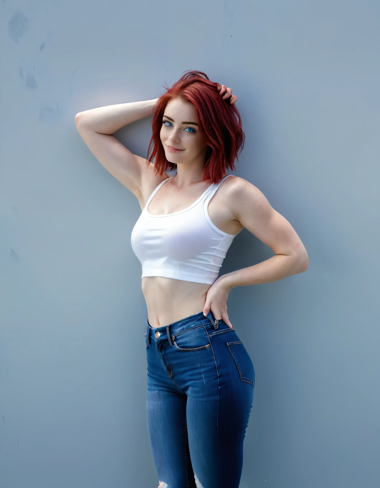 an athletic woman with short, messy, vibrant red hair and striking blue eyes. She is depicted in two poses: one facing forward with her hands on her hips and the other showing her back. She wears a white crop top that reveals her toned midriff and a pair of tight blue jeans that highlight her muscular build. Her expression is confident and slightly intense. The background is a simple, solid light blue color framed by a white border, enhancing the focus on the character. The style emphasizes clean, vibrant colors, and realistic shading to give a magnificent ultra photo realistic image, 8k, slutty, smiling