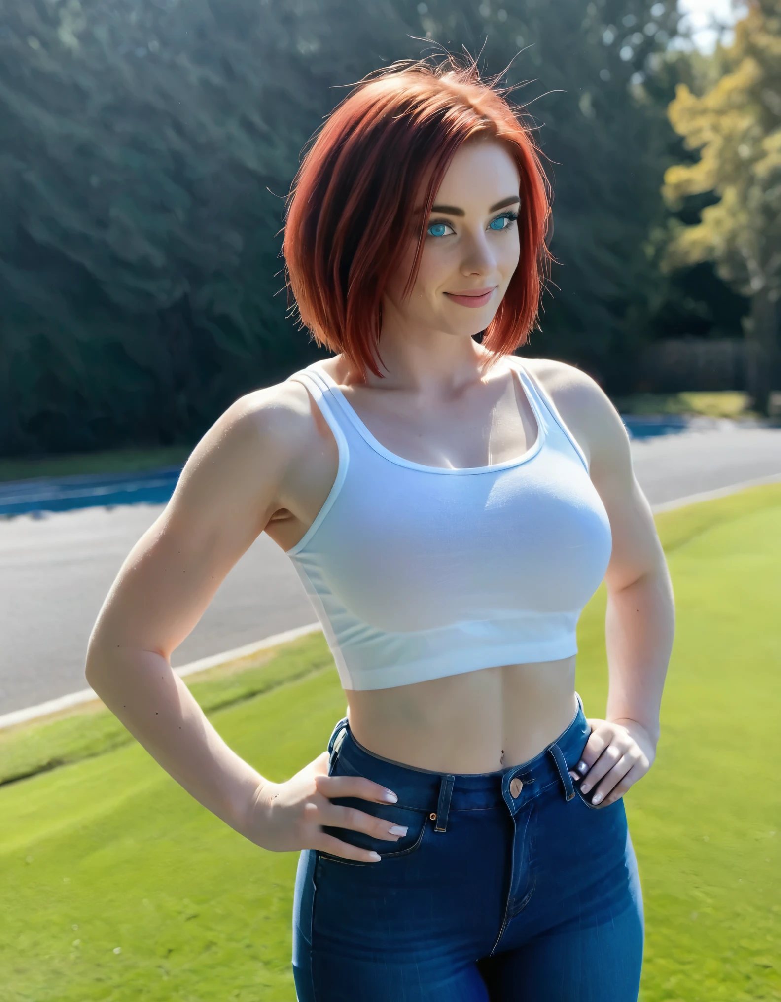 an athletic woman with short, messy, vibrant red hair and striking blue eyes. She is depicted in two poses: one facing forward with her hands on her hips and the other showing her back. She wears a white crop top that reveals her toned midriff and a pair of tight blue jeans that highlight her muscular build. Her expression is confident and slightly intense. The background is a simple, solid light blue color framed by a white border, enhancing the focus on the character. The style emphasizes clean, vibrant colors, and realistic shading to give a magnificent ultra photo realistic image, 8k, slutty, smiling