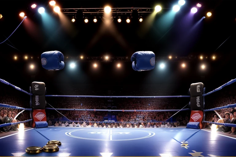 boxe ring with lights and ropes, boxe ring avec sol blanc, sol blanc sol blanc, fond du Madison Square Garden, Ring de boxe avec le sol blanc et les coins bleus du ring , scene background, toile de fond Madison Square Garden, écran centrale au dessus du ring comme au madison square garden in a boxe ring, boxe, boxe match, scene, projecteur, barre d'background, spot et projecteur au plafond fond dramatique, atmospheric perspective, glowing light, 8k, super detail, best quality, masterpiece