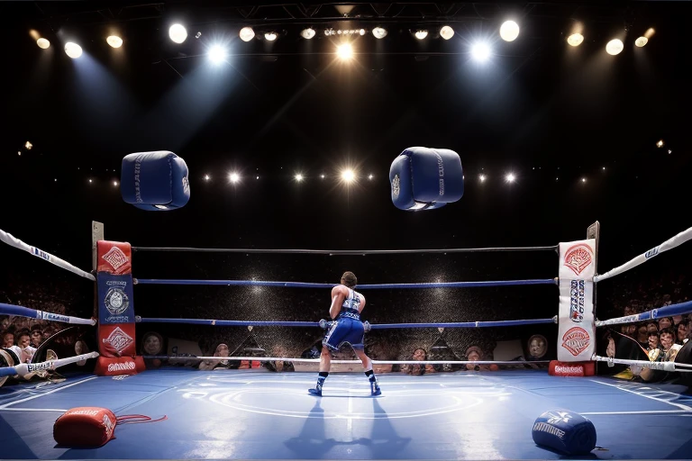 boxe ring with lights and ropes, boxe ring avec sol blanc, sol blanc sol blanc, fond du Madison Square Garden, Ring de boxe avec le sol blanc et les coins bleus du ring , scene background, toile de fond Madison Square Garden, écran centrale au dessus du ring comme au madison square garden in a boxe ring, boxe, boxe match, scene, projecteur, barre d&#39;background, spot et projecteur au plafond fond dramatique, atmospheric perspective, glowing light, 8k, super detail, best quality, masterpiece