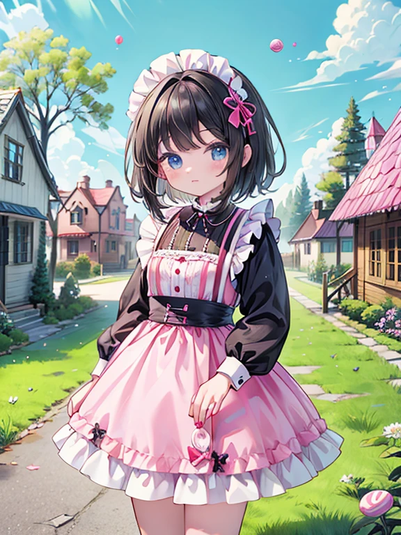 masterpiece, highest quality, Very detailed, 16k, Ultra-high resolution, C4ndyl4ndAI, Cowboy Shot, Detailed face, Perfect Fingers, 10 year old female, black eye, Black Hair, Braid, Black maid outfit, candyland, A house made of candy in the background, A road made of sweets, Tree made of sweets, Walking the Streets