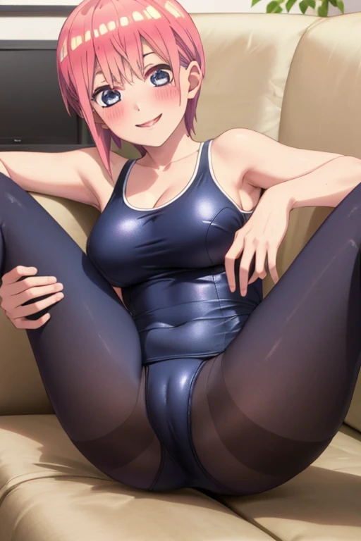 best quality, masterpiece, high quality, insanely detailed, ichika nakano, one-piece swimsuit, breasts, pantyhose, blush, smile, in the living room, leg spread