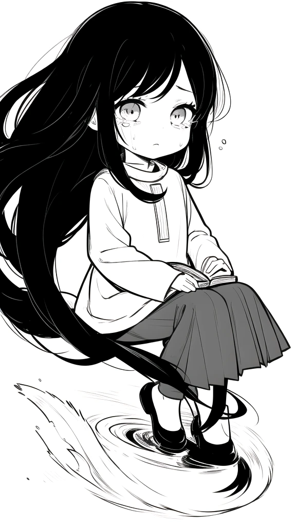 best quality, chibi, 1 girl,Long black hair,(full body), Pure white background,Vivid,clearly,sad face,rain,snow,Are crying,shout,Very long black hair blowing in the wind,Falling over,holding a book in hand,sitting in water