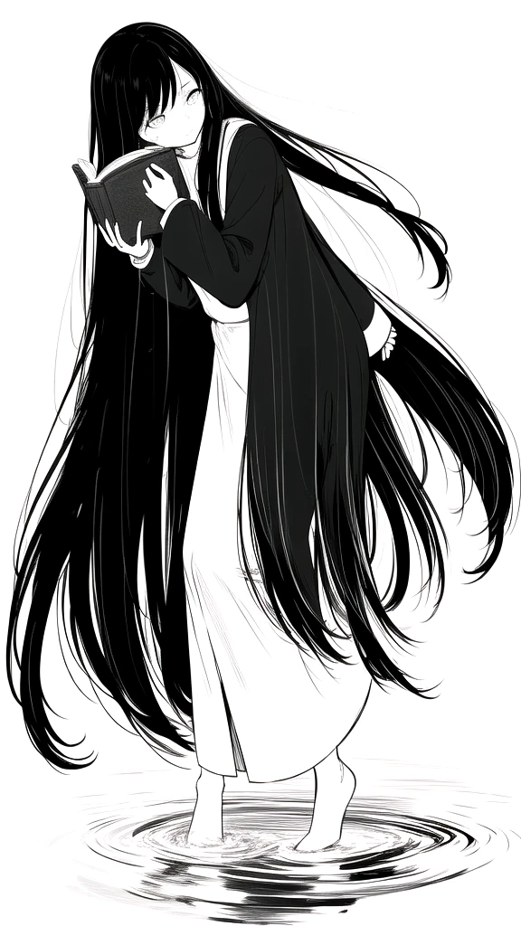 best quality, chibi, 1 girl,Long black hair,(full body), Pure white background,Vivid,clearly,sad face,rain,snow,Are crying,shout,Very long black hair blowing in the wind,Falling over,holding a book in hand,sitting in water