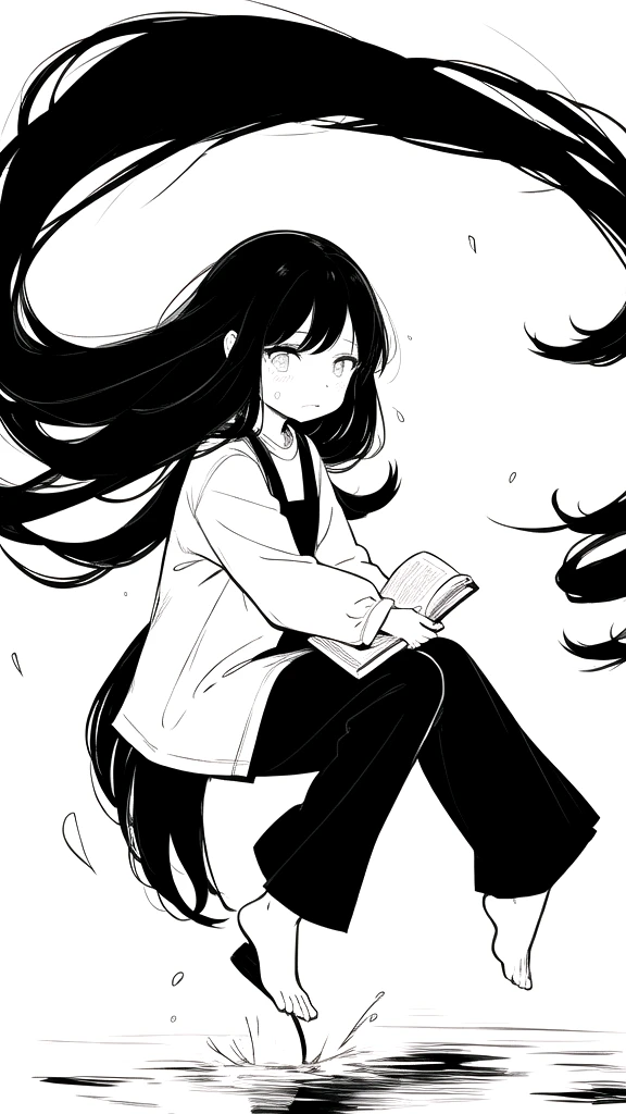 best quality, chibi, 1 girl,Long black hair,(full body), Pure white background,Vivid,clearly,sad face,rain,snow,Are crying,shout,Very long black hair blowing in the wind,Falling over,holding a book in hand,sitting in water