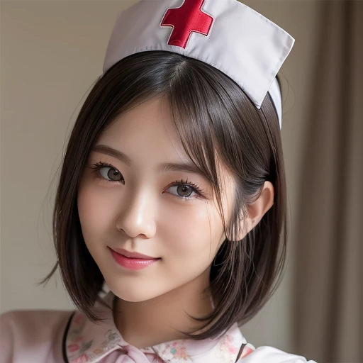 (Highest quality: 1.5), (Realistic: 1.5), (1 person: 1.5), Highly detailed, High resolution, 8k, Detailed face, Natural colored lips, Cute smile, Japanese woman, 20 year old girl , beautiful and graceful features, perfect and beautiful face, balanced big eyes, beautiful eyes, beautiful and graceful features, natural double eyelids, natural bangs, beautiful thin nose, beautiful skin, fair skin, medium bob hair, natural bangs, perfect and beautiful face, slim face and figure, (looking at the camera with a cute expression), bright lighting, professional lighting, forward lighting, cute smile, (facial lighting), bright lighting, professional lighting, forward lighting, Cute Japanese girl, Nurse cap,
