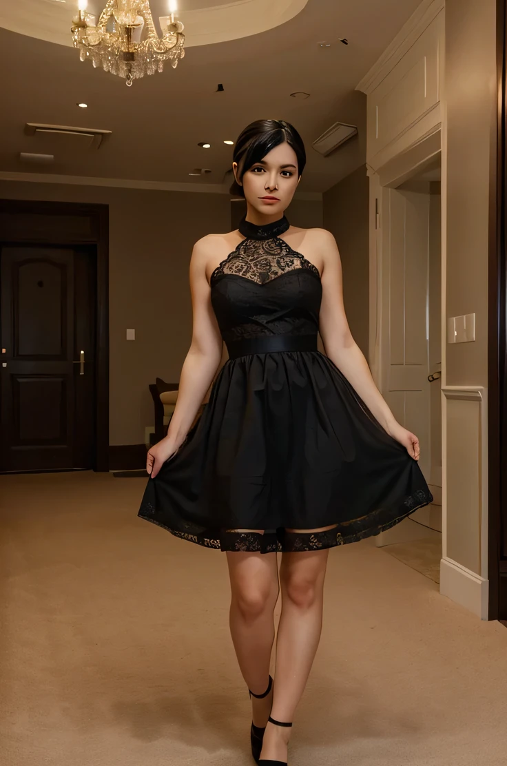 woman, black hair, modern hairstyle, short lace dress, big hips, one leg bent and standing on the other, looking at the camera, elegant room background