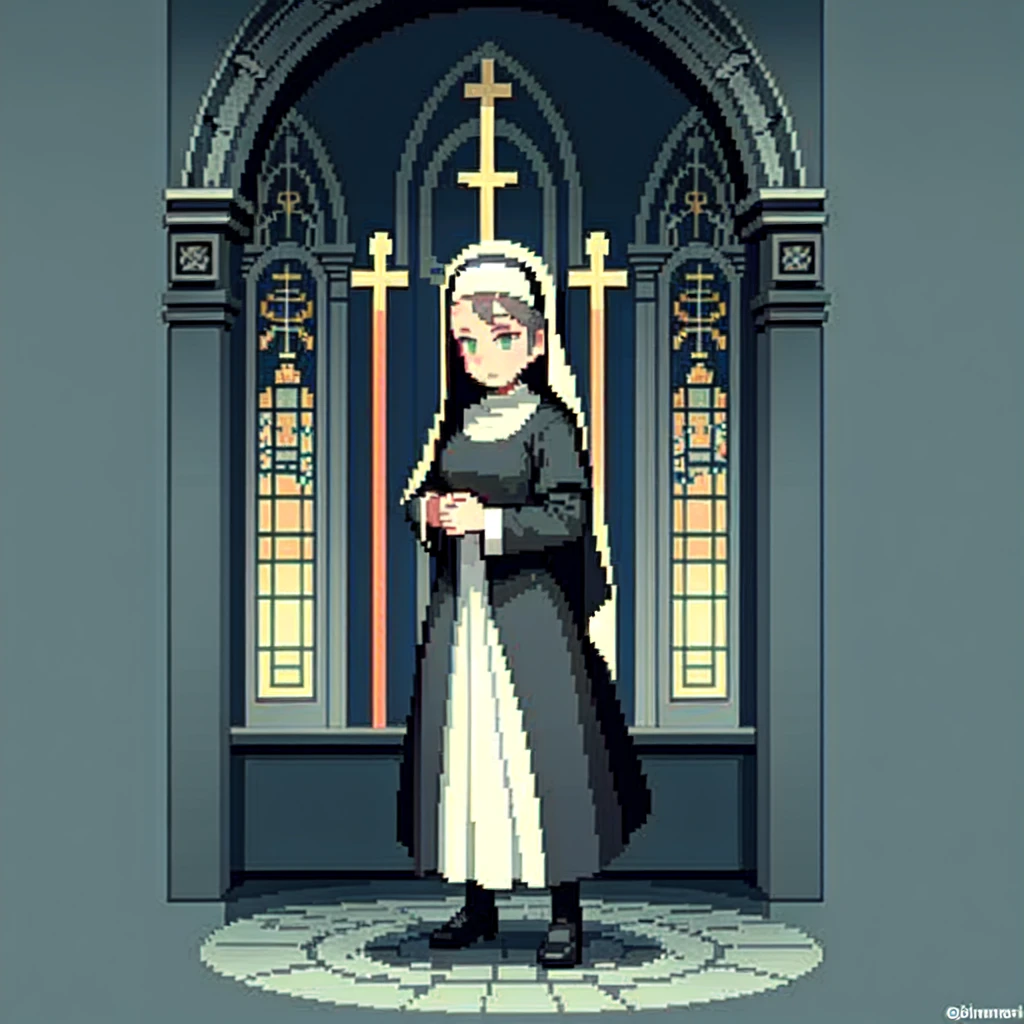 (masterpiece, top quality, best quality), pixel,pixel art,A nun,church,fullbody