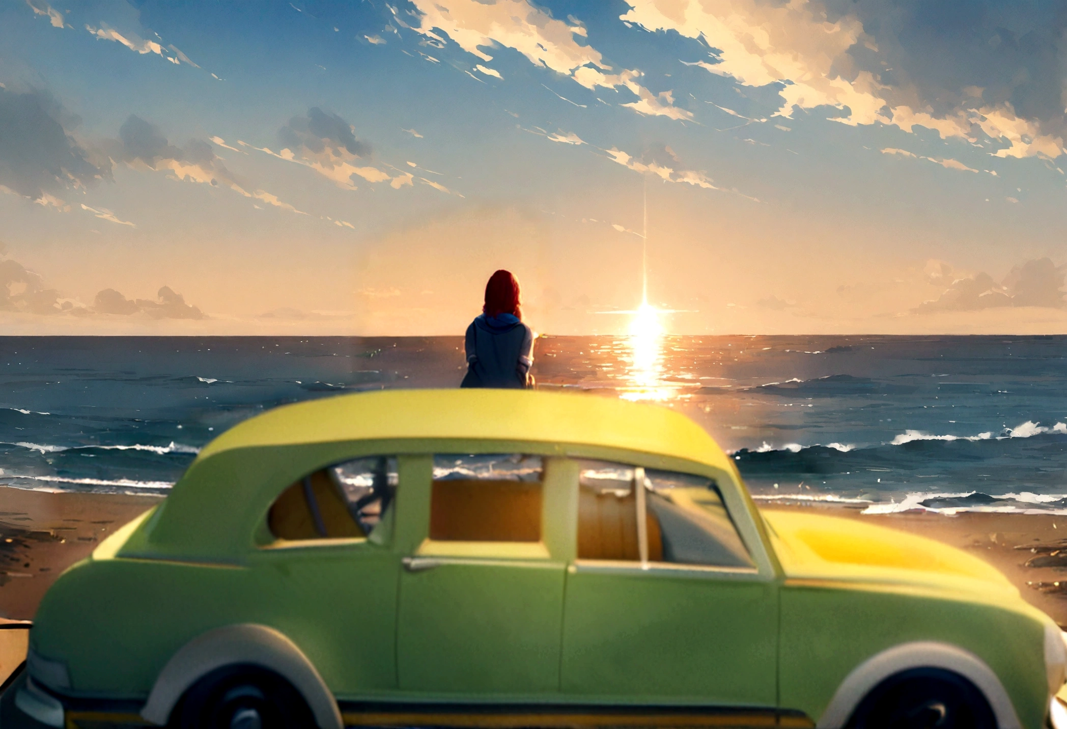 There is the sea in the background、An adult girl sitting on top of a cute car is listening to music while looking at the sea
