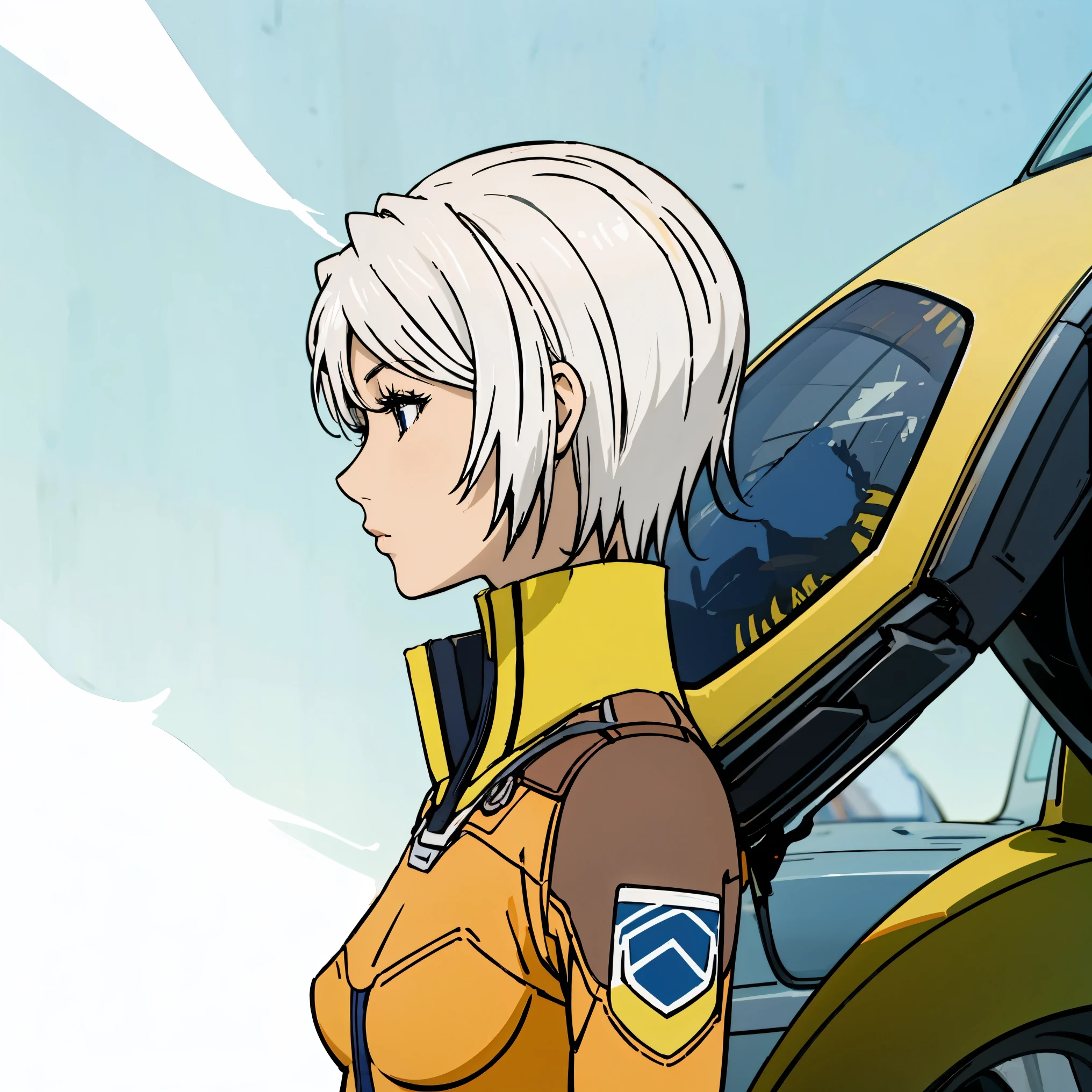 Hangar、Pilot Suit、profile、Upper Body、White Hair、Shortcuts、Staring at the sky、22 years old、