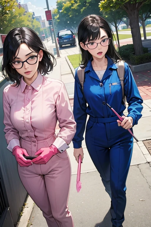 Two mature cleaning ladies with glasses and black hair in blue long sleeve jumpsuits and pink rubber gloves look shocked when they see a penis in a public restroom in a park.