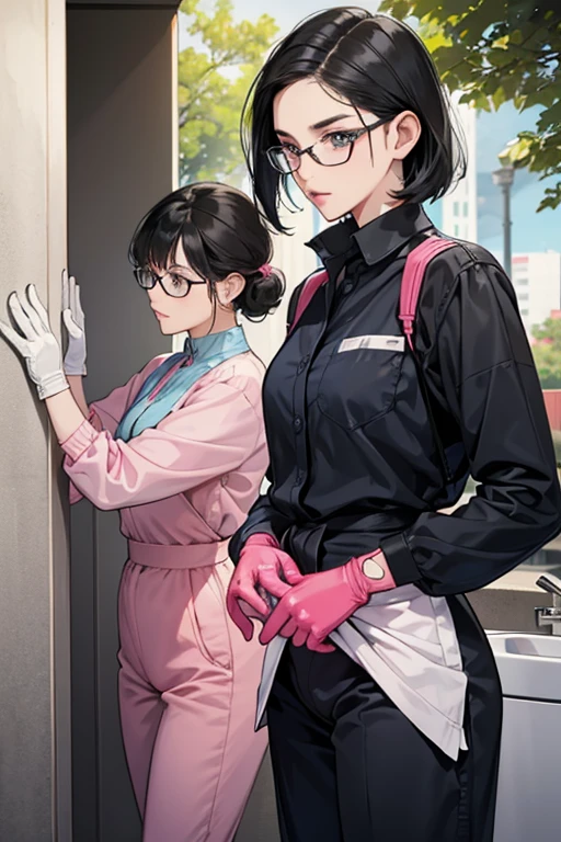 Two mature cleaning ladies with glasses and black hair in blue long sleeve jumpsuits and pink rubber gloves look shocked when they see a penis in a public restroom in a park.