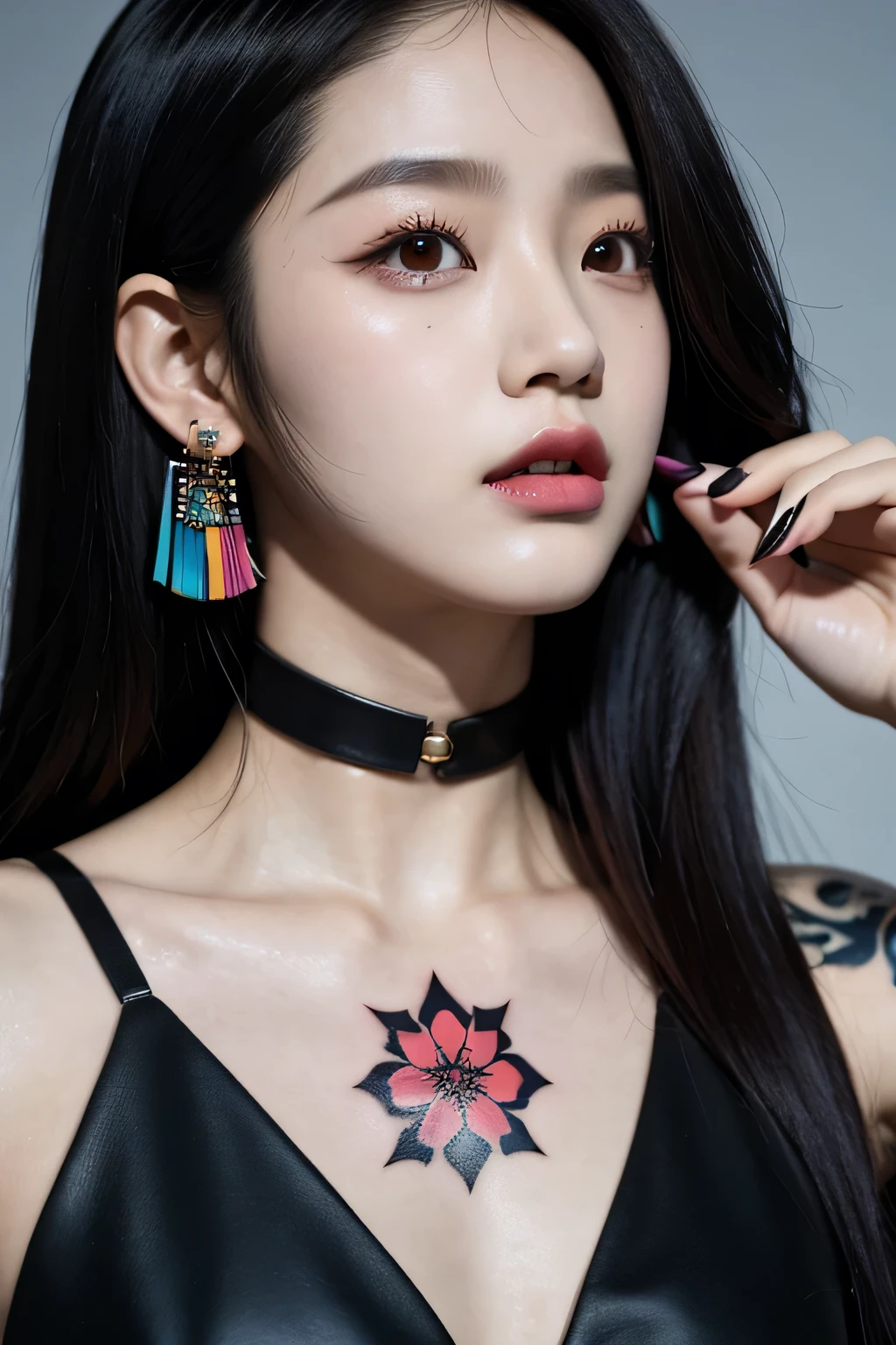 (((Bad Girl))),(((Black tattoo))),(((Avant-garde tattoo))),(((Black tattoo on shoulder))),(((Exaggerated hair coloring))),(((Colorful hair))),a chlorineose up of a person with a flowered shirt and earrings, blackpink 的 jossi, blackpink 的 roseanne park, portrait of blackpink 的 jossi, Sun Yunzhu, chlorine, Blackpink’s Jisoo, Cui Xianhua, Jisoo from Blackpink, Stopping distance - minutes, Korean Artist, Kim Tae-jun, BLACKPINK Jisoo’s portrait, jiyun chae, Kim Jong-ki