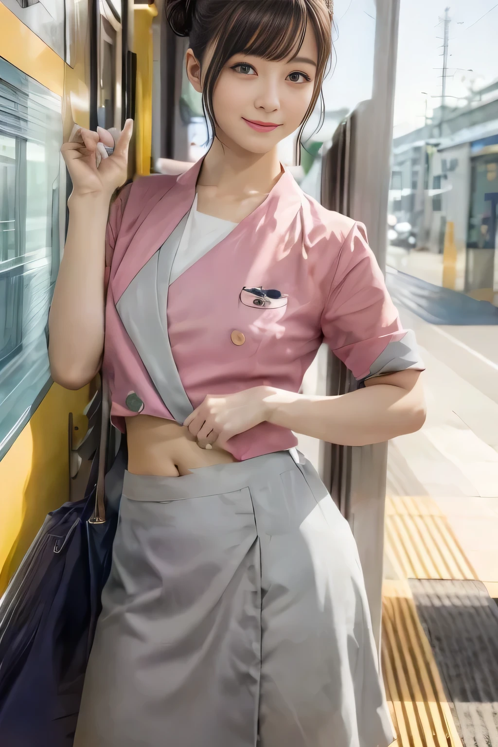 (masterpiece:1.2, highest quality:1.2), 32K HDR, High resolution, (alone、1 girl)、(On the rooftop of a building in the daytime、Professional Lighting)、Building rooftop background、(Nankai train crew uniform pinkを着たリアルスタイル)、(Nankai train crew uniform pink short sleeve pink jacket、Nankai Train Crew Uniform Pink Collarless Short Sleeve Blouse、Nankai Train crew uniform pinkのグレー色のキュロットスカート)、Dark brown hair、(Hair tied up、Hair Bun、Hair Bun)、Dark brown hair、Long Shot、Big Breasts、Thin legs、((Great hands:2.0)),((Harmonious body proportions:1.5)),((Normal limbs:2.0)),((Normal finger:2.0)),((Delicate eyes:2.0)),((Normal eyes:2.0)))、smile、(Nankai Train crew uniform pinkのグレー色のキュロットスカートを見せた美しい立ち姿)、neck naturally、Lift your clothes to show your belly button