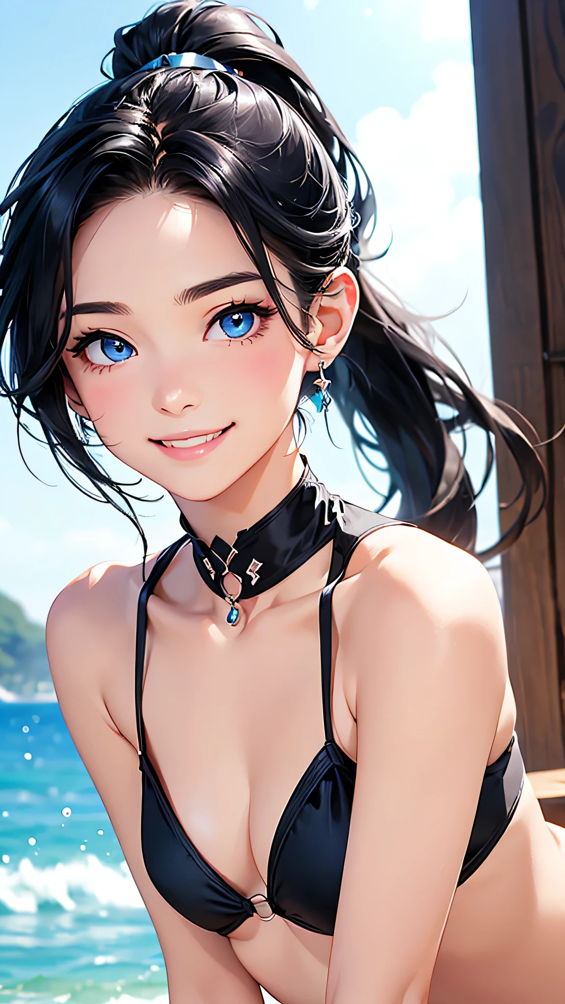 highest quality、Realistic、Women、zoom、summer、Sea of night、cute、Full make-up、Blue Eyes、black hair、ponytail、Silver Bikini、smile、Looking down、smile、Bust Shot、　Small breasts