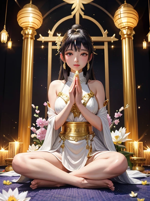 (Buddhist paradise、Gold Dust Show、Silver、Ruri、agate、Several large crystals、Halo、Many Kannon Bodhisattvas)、god々A good appearance、A dazzlingly bright world、Daytime world、Flowers are blooming all over the place、Seated on a lotus pedestal、Official artwork、Crystal clear white dress、barefoot、(masterpiece、highest quality、High resolution、8k)、The composition is excellent、