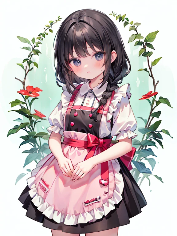 masterpiece, highest quality, Very detailed, 16k, Ultra-high resolution, C4ndyl4ndAI,Cowboy Shot, Detailed face, Perfect Fingers, 10 year old female, black eye, Black Hair, Braid, Red Apron Dress