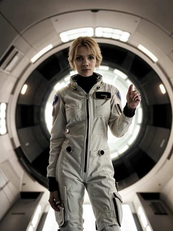 (Very beautiful British woman in her 30s) Very detailed,Blonde Long Hair、White skin、Perfect Female Anatomy、slender、Beautiful female hands、 ((Sexy spacesuit)), Real Photo, Are standing,To the camera, Smooth, Sharp focus, figure, High resolution, Dramatic lighting, The complex and spooky interior of a spaceship, Nude full body angle、Amber moody lighting、