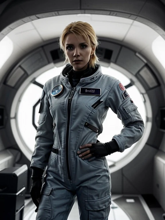 (Very beautiful British woman in her 30s) Very detailed,Blonde Long Hair、White skin、Perfect Female Anatomy、slender、Beautiful female hands、 ((Sexy spacesuit)), Real Photo, Are standing,To the camera, Smooth, Sharp focus, figure, High resolution, Dramatic lighting, The complex and spooky interior of a spaceship, Nude full body angle、Amber moody lighting、