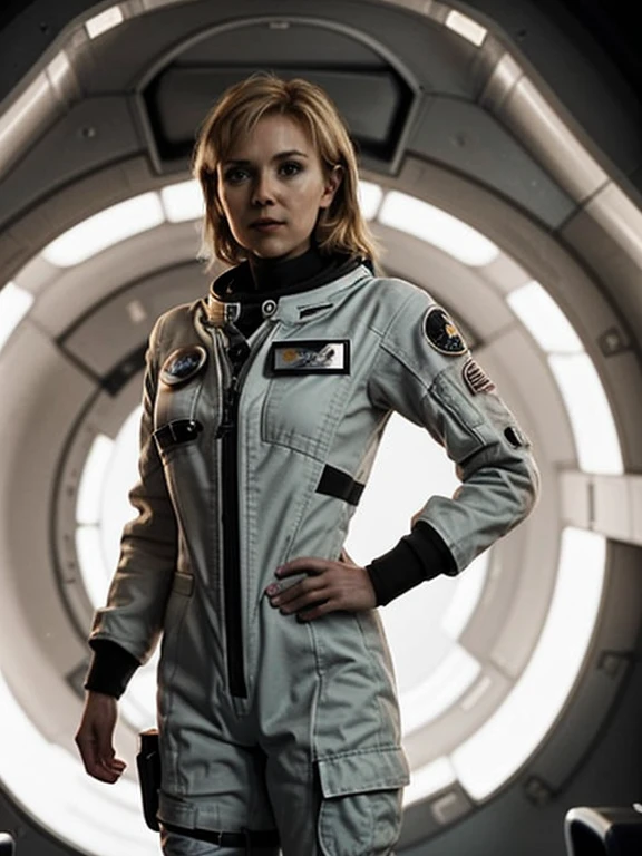 (Very beautiful British woman in her 30s) Very detailed,Blonde Long Hair、White skin、Perfect Female Anatomy、slender、Beautiful female hands、 ((Sexy spacesuit)), Real Photo, Are standing,To the camera, Smooth, Sharp focus, figure, High resolution, Dramatic lighting, The complex and spooky interior of a spaceship, Nude full body angle、Amber moody lighting、