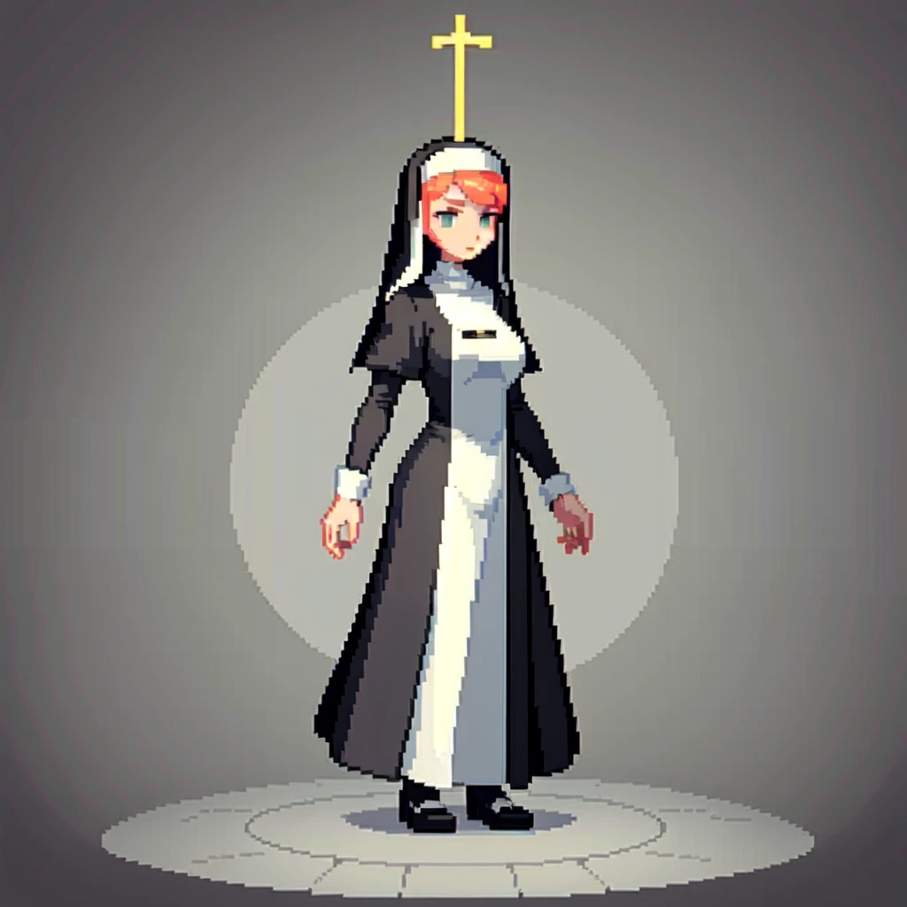 (masterpiece, top quality, best quality), pixel,pixel art,A nun,church,slimbody,fullbody