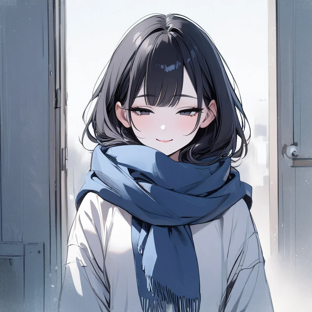 Girl, black hair, simple, bangs, black eyes, pale skin, delicate, rosy cheeks, school, blue scarf, smiling, half closed eyes