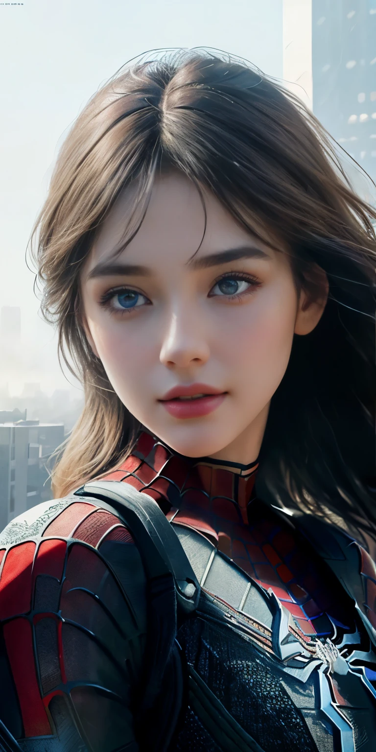 (1girl:1.3), Solo, (((Very detailed face)))), ((Very detailed eyes and face)))), Beautiful detail eyes, Body parts__, Official art, Unified 8k wallpaper, Super detailed, beautiful and beautiful, beautiful, masterpiece, best quality, original, masterpiece, super fine photo, best quality, super high resolution, realistic realism, sunlight, full body portrait, amazing beauty, dynamic pose, delicate face, vibrant eyes, (from the front), She wears Spider-Man suit, red and black color scheme, spider, very detailed city roof background, rooftop, overlooking the city, detailed face, detailed complex busy background, messy, gorgeous, milky white, highly detailed skin, realistic skin details, visible pores, clear focus, volumetric fog, 8k uhd, DSLR, high quality, film grain, fair skin, photo realism, lomography, futuristic dystopian megalopolis, translucent