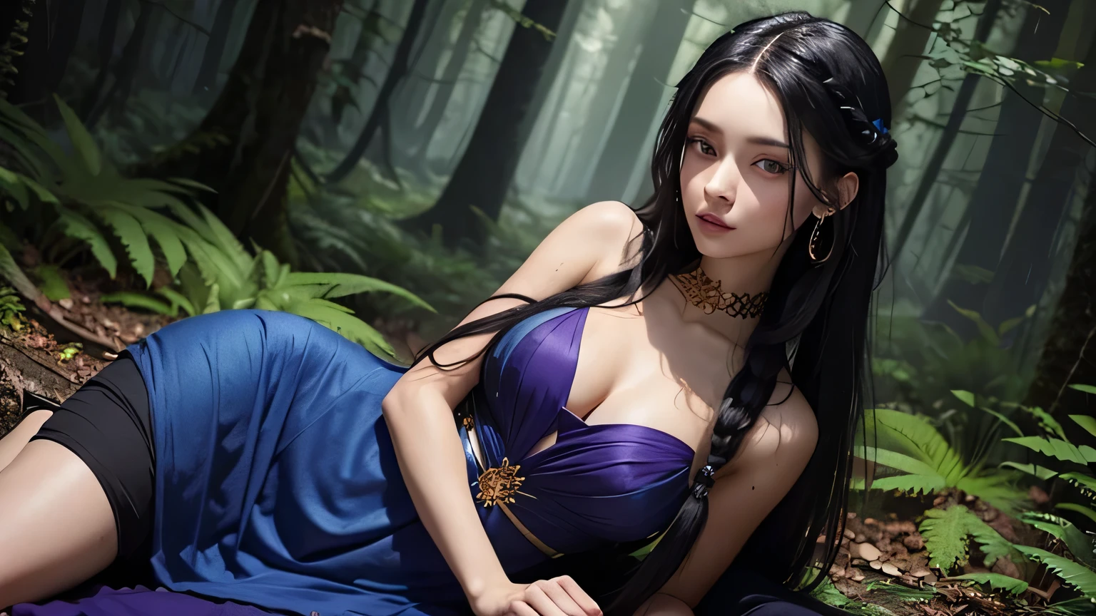 Gothic woman, long black hair, dreadlocks, purple eyes, slight smile, beautiful and defined body, tan skin, in a forest at night. She is wearing a blue dress with golden touches, sexy.