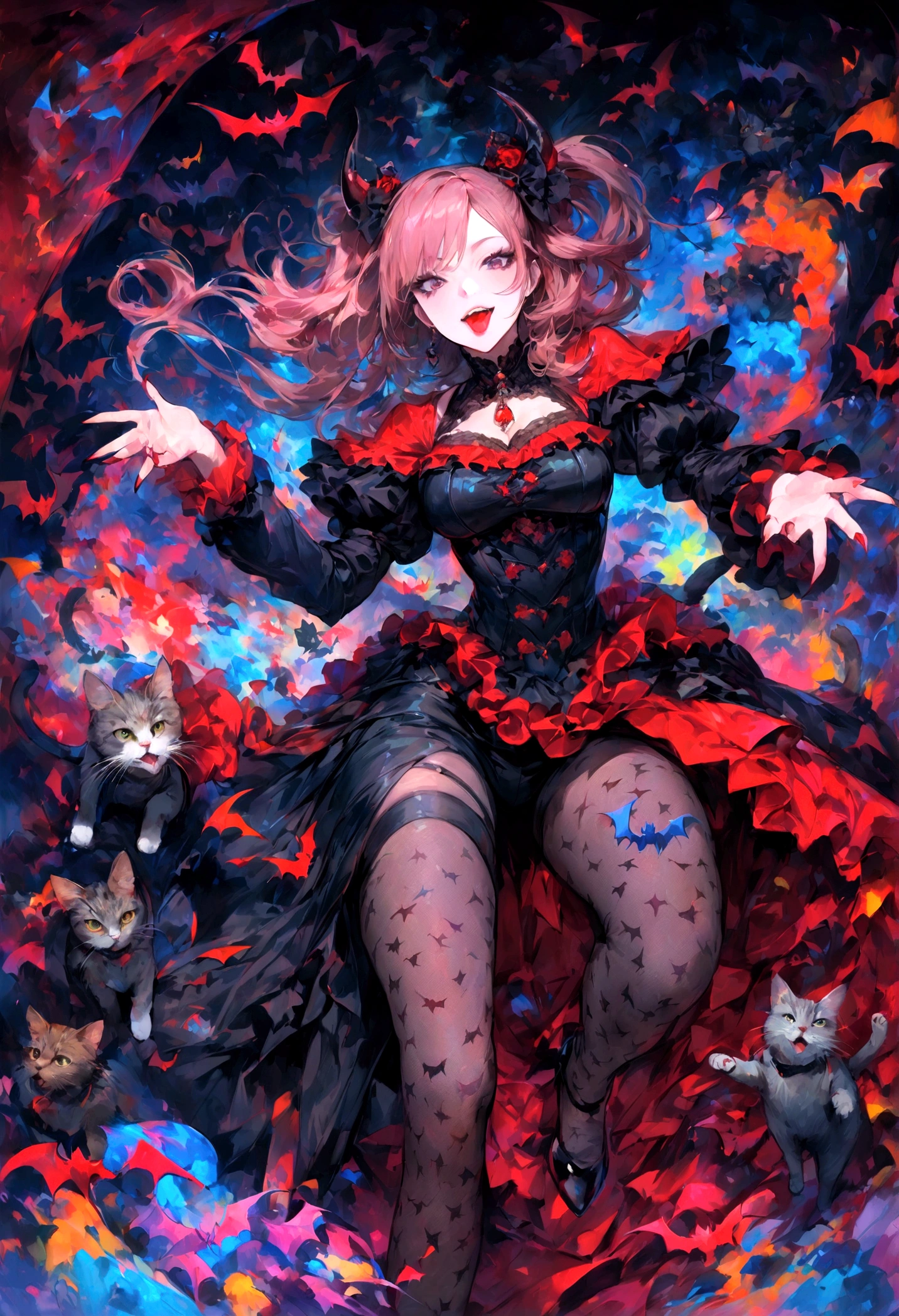 Hot figure，The kinky is exposed，Raised sexy，High heels，Stockings red lip，Girl in their thirties ((best quality)), ((masterpiece)), (detailed), perfect, face erotic oil painting, Tongue Female Demon, abstract, very colorful, Pointy teeth, Dark, goth, Bats, cat, Kate moss