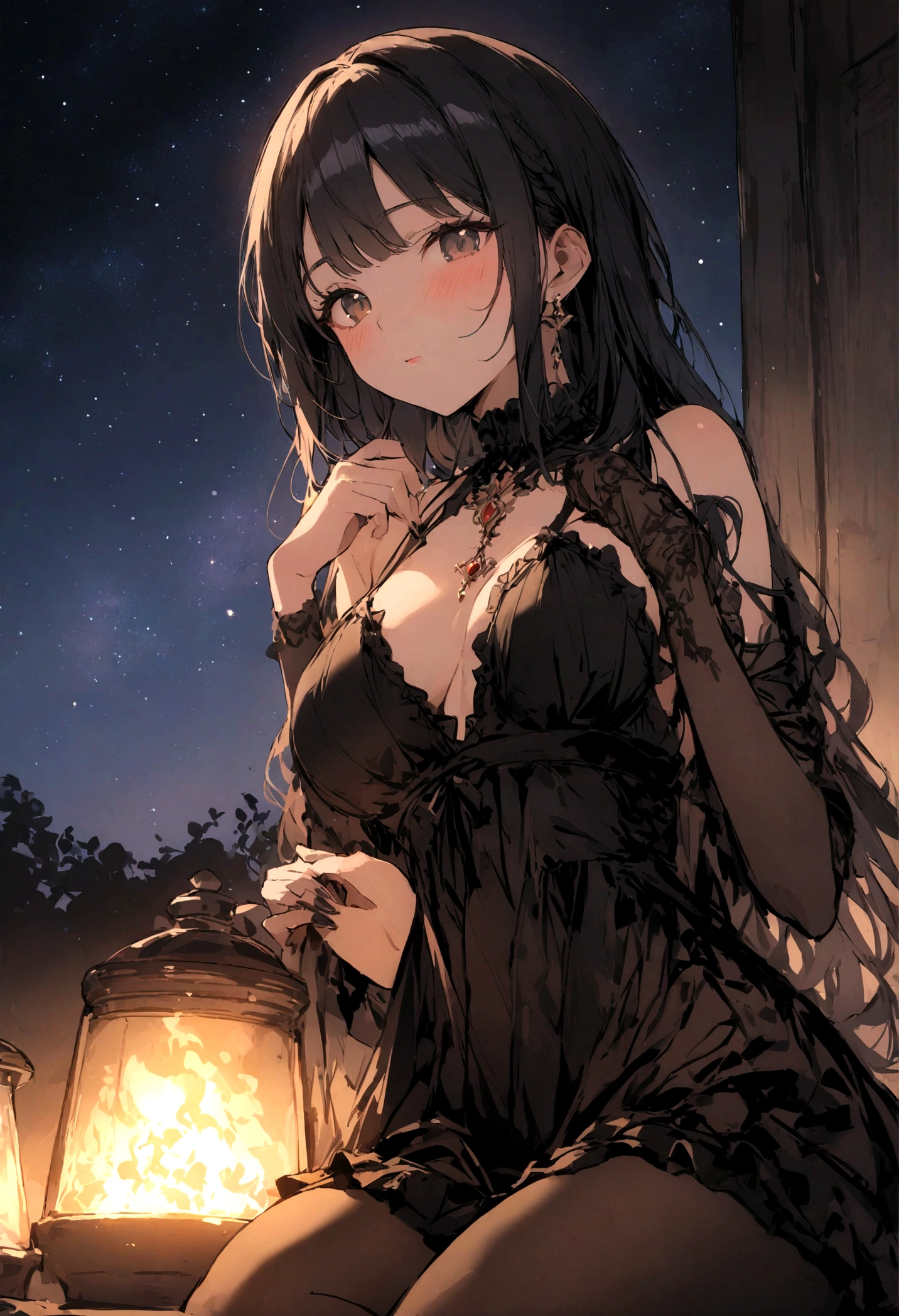 highest quality、masterpiece、Spectacular views、night、One Girl、Sitting、far and near method